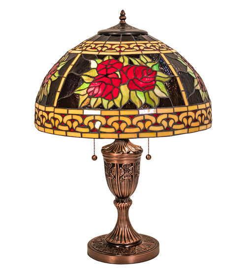 Meyda Lighting Roses & Scrolls 25" 2-Light Mahogany Bronze Table Lamp With Multi-Colored Stained Shade Glass