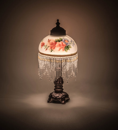 Meyda Lighting Roussillon 13" Mahogany Bronze Rose Bouquet Fringed Mini Table Lamp With Multi-Colored Shade Glass