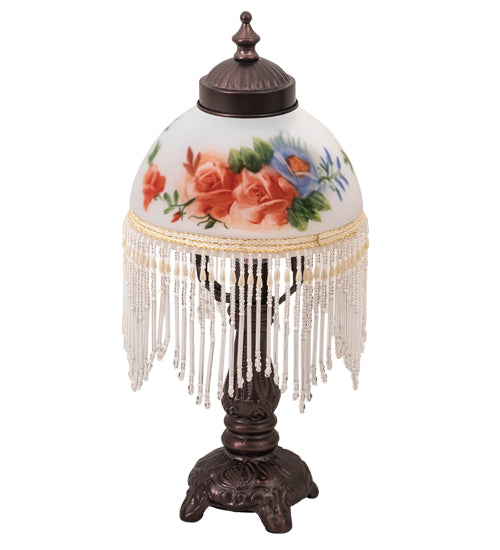 Meyda Lighting Roussillon 13" Mahogany Bronze Rose Bouquet Fringed Mini Table Lamp With Multi-Colored Shade Glass