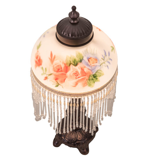 Meyda Lighting Roussillon 13" Mahogany Bronze Rose Bouquet Fringed Mini Table Lamp With Multi-Colored Shade Glass