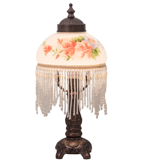 Meyda Lighting Roussillon 13" Mahogany Bronze Rose Bouquet Fringed Mini Table Lamp With Multi-Colored Shade Glass