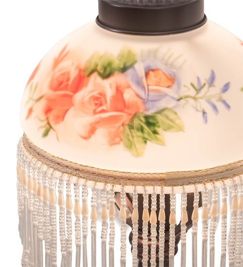 Meyda Lighting Roussillon 13" Mahogany Bronze Rose Bouquet Fringed Mini Table Lamp With Multi-Colored Shade Glass