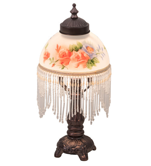 Meyda Lighting Roussillon 13" Mahogany Bronze Rose Bouquet Fringed Mini Table Lamp With Multi-Colored Shade Glass