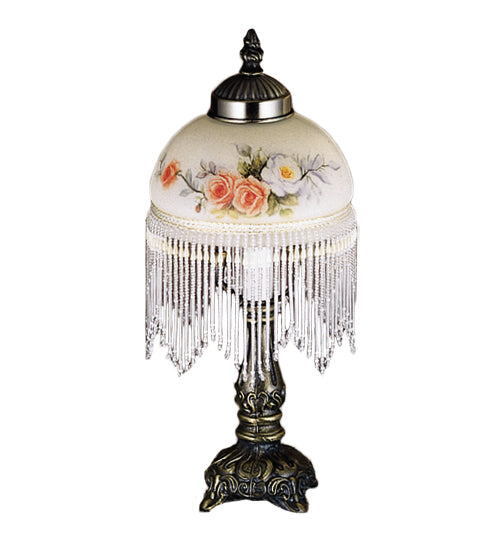 Meyda Lighting Roussillon 13" Mahogany Bronze Rose Bouquet Fringed Mini Table Lamp With White Glass & Beaded Fringe Shade