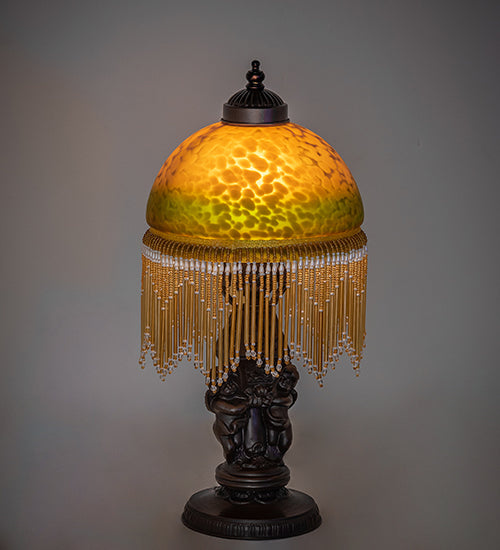 Meyda Lighting Roussillon 17" Mahogany Bronze Cherub Lantern Mini Table Lamp With Amber & Green Shade Glass