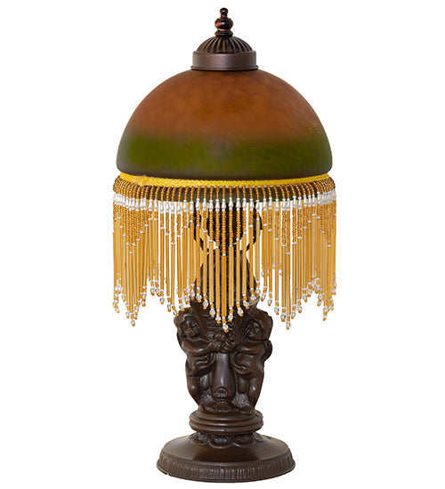 Meyda Lighting Roussillon 17" Mahogany Bronze Cherub Lantern Mini Table Lamp With Amber & Green Shade Glass