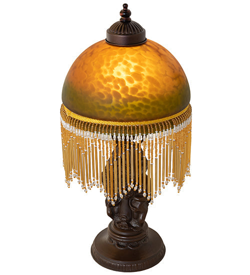Meyda Lighting Roussillon 17" Mahogany Bronze Cherub Lantern Mini Table Lamp With Amber & Green Shade Glass