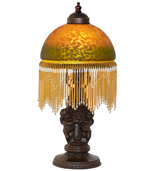 Meyda Lighting Roussillon 17" Mahogany Bronze Cherub Lantern Mini Table Lamp With Amber & Green Shade Glass