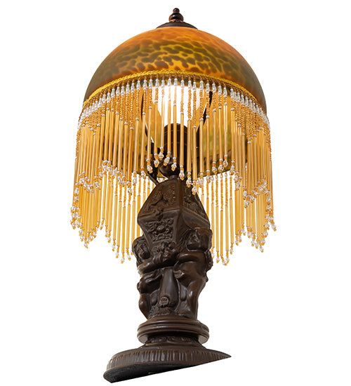 Meyda Lighting Roussillon 17" Mahogany Bronze Cherub Lantern Mini Table Lamp With Amber & Green Shade Glass