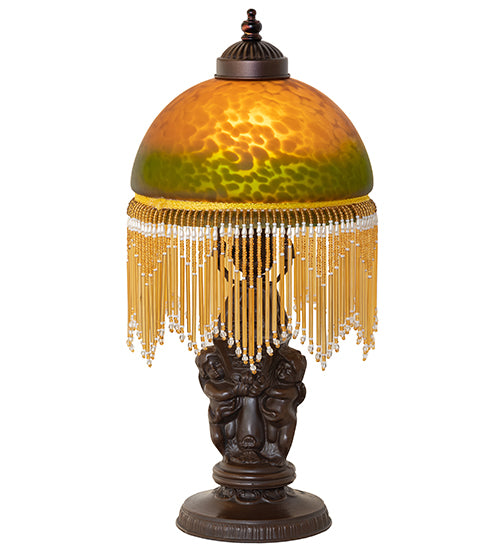 Meyda Lighting Roussillon 17" Mahogany Bronze Cherub Lantern Mini Table Lamp With Amber & Green Shade Glass