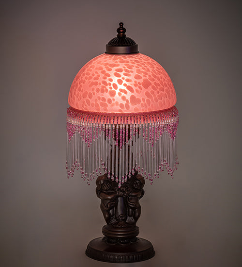 Meyda Lighting Roussillon 17" Mahogany Bronze Cherub Lantern Mini Table Lamp With Cranberry Dappled Shade Glass