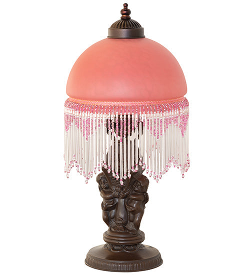 Meyda Lighting Roussillon 17" Mahogany Bronze Cherub Lantern Mini Table Lamp With Cranberry Dappled Shade Glass