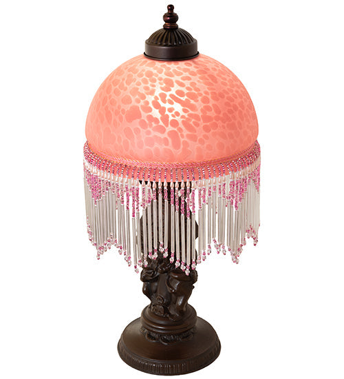 Meyda Lighting Roussillon 17" Mahogany Bronze Cherub Lantern Mini Table Lamp With Cranberry Dappled Shade Glass