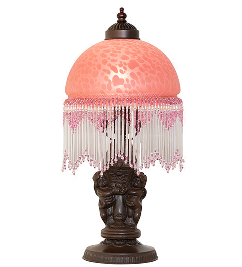 Meyda Lighting Roussillon 17" Mahogany Bronze Cherub Lantern Mini Table Lamp With Cranberry Dappled Shade Glass