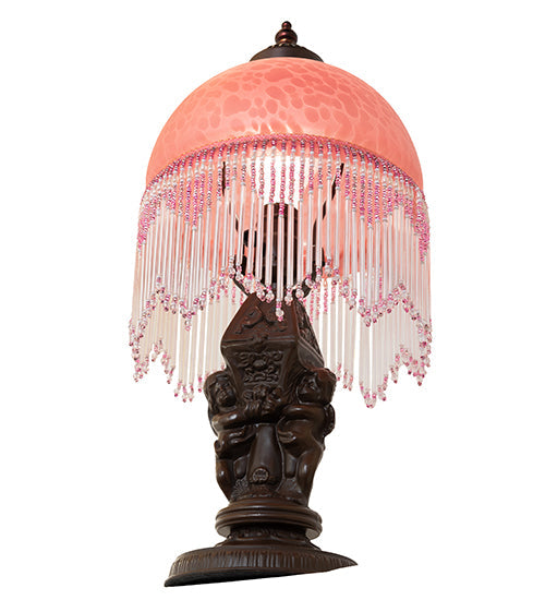 Meyda Lighting Roussillon 17" Mahogany Bronze Cherub Lantern Mini Table Lamp With Cranberry Dappled Shade Glass