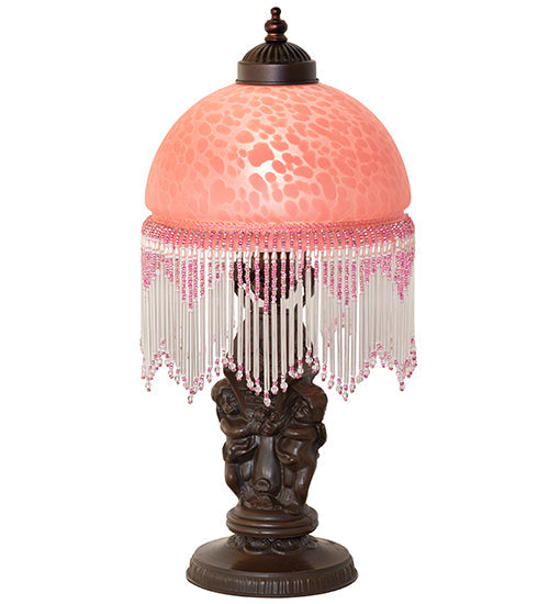 Meyda Lighting Roussillon 17" Mahogany Bronze Cherub Lantern Mini Table Lamp With Cranberry Dappled Shade Glass