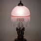 Meyda Lighting Roussillon 17" Mahogany Bronze Cherub Lantern Mini Table Lamp With Pink Etched Shade Glass
