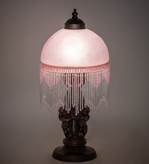 Meyda Lighting Roussillon 17" Mahogany Bronze Cherub Lantern Mini Table Lamp With Pink Etched Shade Glass