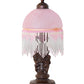 Meyda Lighting Roussillon 17" Mahogany Bronze Cherub Lantern Mini Table Lamp With Pink Etched Shade Glass