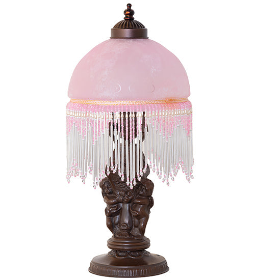 Meyda Lighting Roussillon 17" Mahogany Bronze Cherub Lantern Mini Table Lamp With Pink Etched Shade Glass