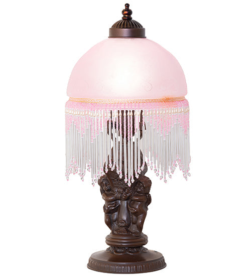 Meyda Lighting Roussillon 17" Mahogany Bronze Cherub Lantern Mini Table Lamp With Pink Etched Shade Glass