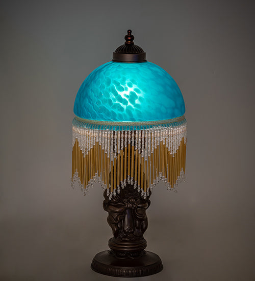 Meyda Lighting Roussillon 17" Mahogany Bronze Cherub Lantern Mini Table Lamp With Teal Shade Glass