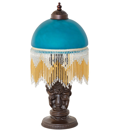 Meyda Lighting Roussillon 17" Mahogany Bronze Cherub Lantern Mini Table Lamp With Teal Shade Glass