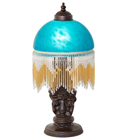 Meyda Lighting Roussillon 17" Mahogany Bronze Cherub Lantern Mini Table Lamp With Teal Shade Glass