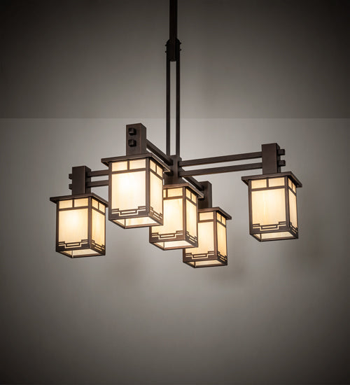 Meyda Lighting Roylance 36" 5-Light Mahogany Bronze Chandelier With Beige Art Shade Glass