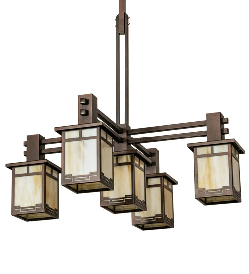 Meyda Lighting Roylance 36" 5-Light Mahogany Bronze Chandelier With Beige Art Shade Glass