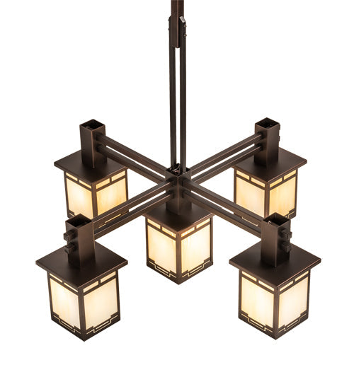 Meyda Lighting Roylance 36" 5-Light Mahogany Bronze Chandelier With Beige Art Shade Glass