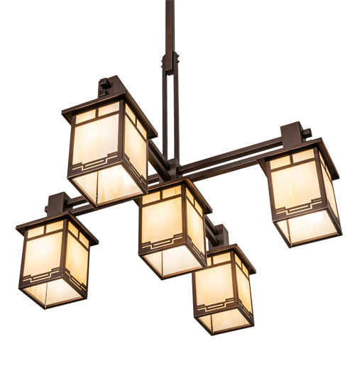 Meyda Lighting Roylance 36" 5-Light Mahogany Bronze Chandelier With Beige Art Shade Glass