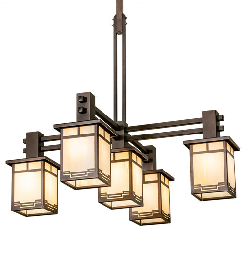 Meyda Lighting Roylance 36" 5-Light Mahogany Bronze Chandelier With Beige Art Shade Glass