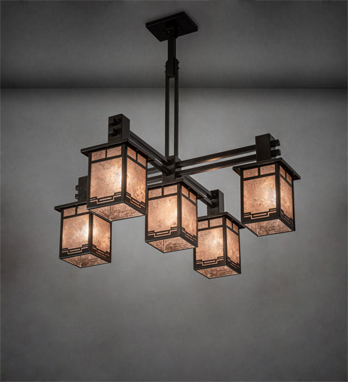 Meyda Lighting Roylance 36"Sq 5-Light Antique Copper & Timeless Bronze Chandelier With Silver Mica Shade Glass
