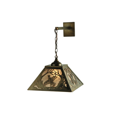 Meyda Lighting Ruffed Grouse 16" Antique Copper Hanging Wall Sconce With Silver Mica Shade Glass