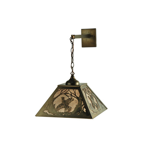 Meyda Lighting Ruffed Grouse 16" Antique Copper Hanging Wall Sconce With Silver Mica Shade Glass