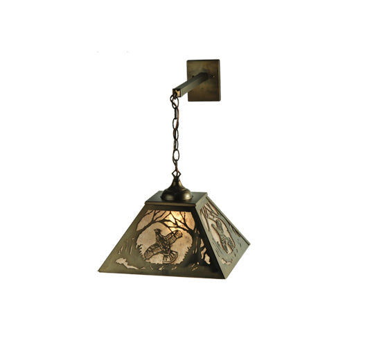 Meyda Lighting Ruffed Grouse 16" Antique Copper Hanging Wall Sconce With Silver Mica Shade Glass