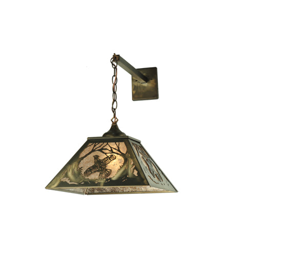 Meyda Lighting Ruffed Grouse 16" Antique Copper Hanging Wall Sconce With Silver Mica Shade Glass