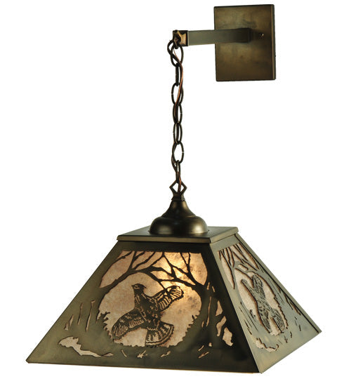 Meyda Lighting Ruffed Grouse 16" Antique Copper Hanging Wall Sconce With Silver Mica Shade Glass