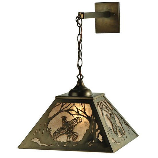 Meyda Lighting Ruffed Grouse 16" Antique Copper Hanging Wall Sconce With Silver Mica Shade Glass