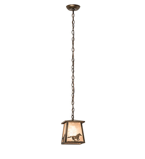 Meyda Lighting Running Horses 10" Antique Copper Pendant Light With Silver Mica Shade Glass