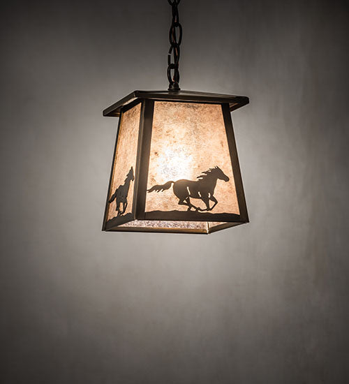 Meyda Lighting Running Horses 10" Antique Copper Pendant Light With Silver Mica Shade Glass