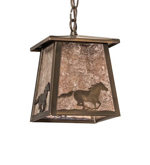 Meyda Lighting Running Horses 10" Antique Copper Pendant Light With Silver Mica Shade Glass