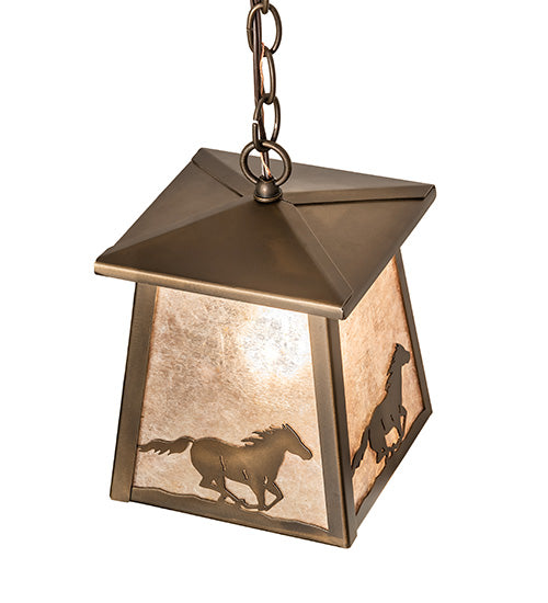 Meyda Lighting Running Horses 10" Antique Copper Pendant Light With Silver Mica Shade Glass