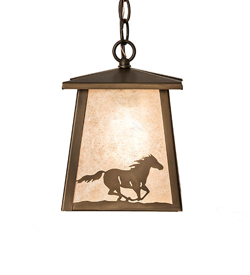 Meyda Lighting Running Horses 10" Antique Copper Pendant Light With Silver Mica Shade Glass