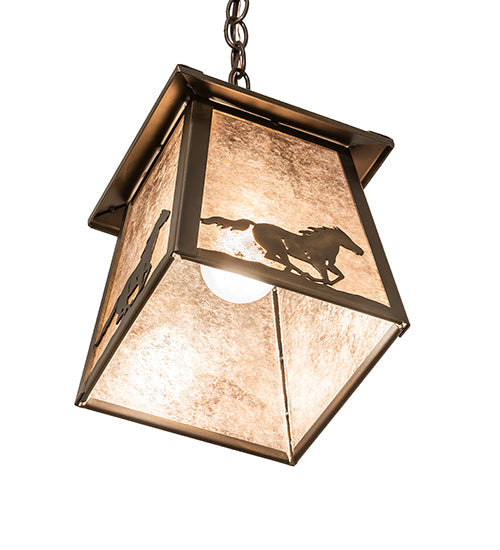 Meyda Lighting Running Horses 10" Antique Copper Pendant Light With Silver Mica Shade Glass