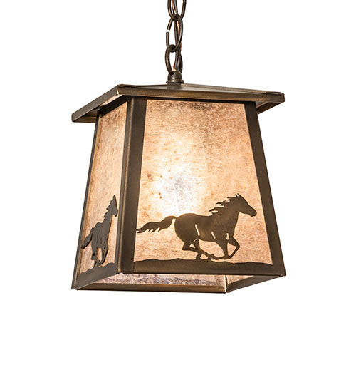 Meyda Lighting Running Horses 10" Antique Copper Pendant Light With Silver Mica Shade Glass