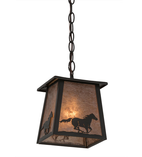 Meyda Lighting Running Horses 10" Timeless Bronze Pendant Light With Silver Mica Shade Glass