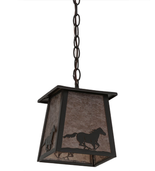 Meyda Lighting Running Horses 10" Timeless Bronze Pendant Light With Silver Mica Shade Glass