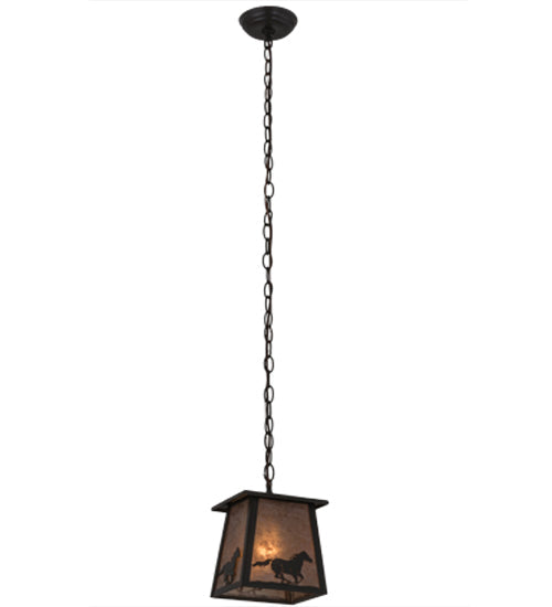 Meyda Lighting Running Horses 10" Timeless Bronze Pendant Light With Silver Mica Shade Glass